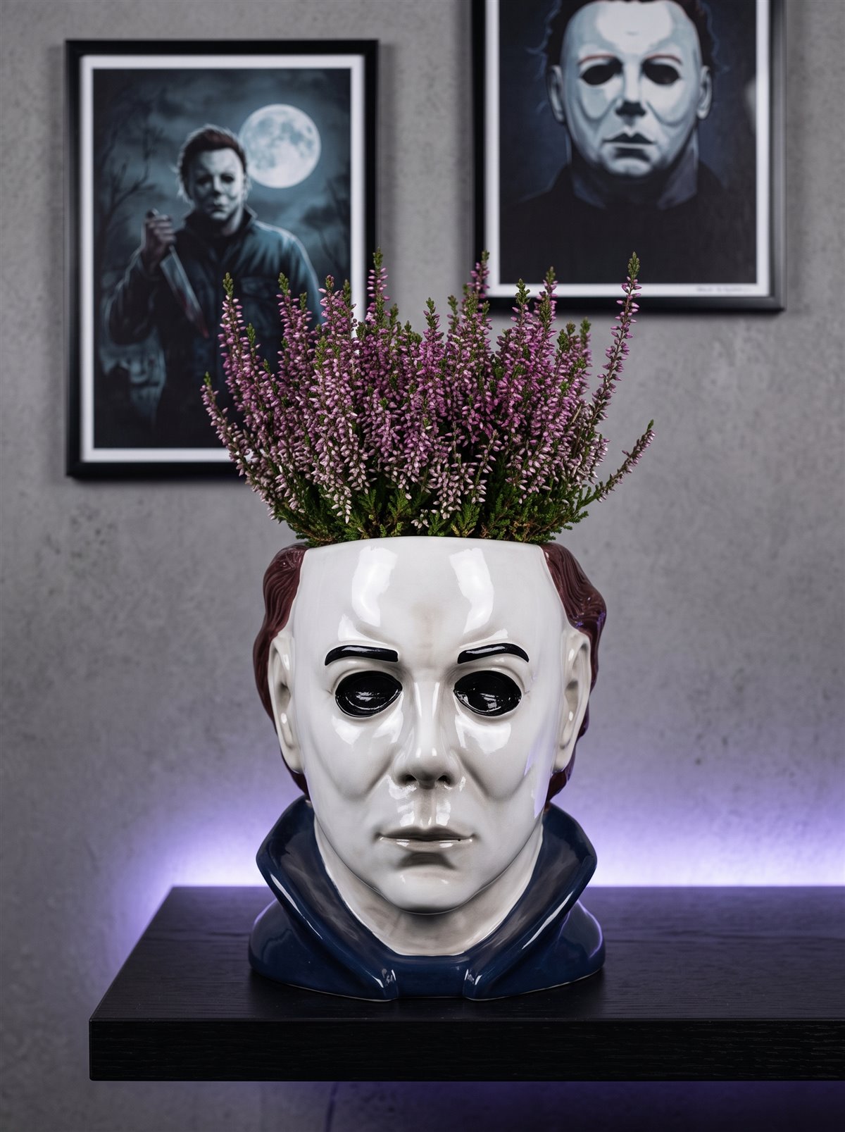 Michael Myers planter, gray wall, themed posters