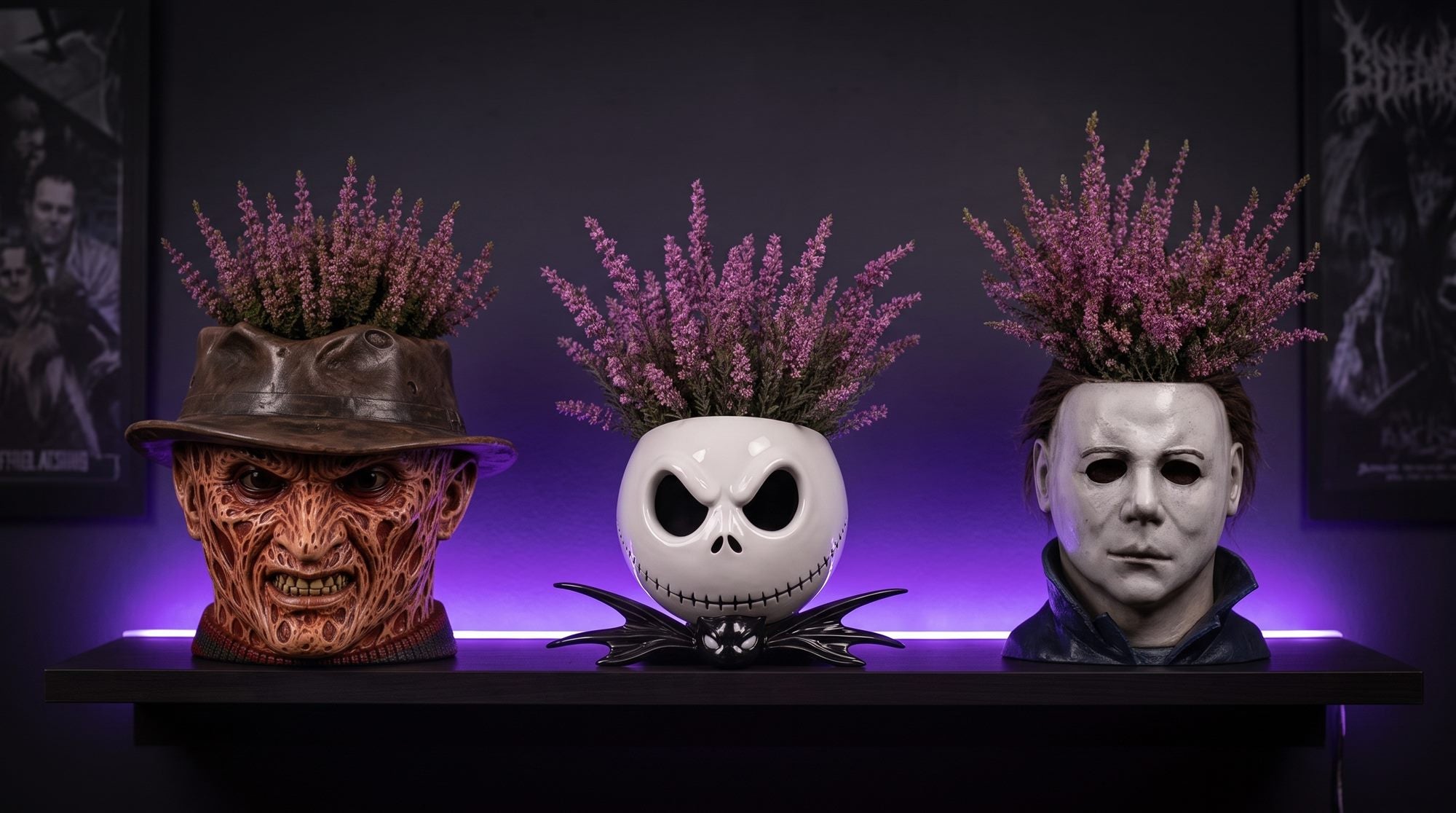 Collector shelf with three horror mask planters