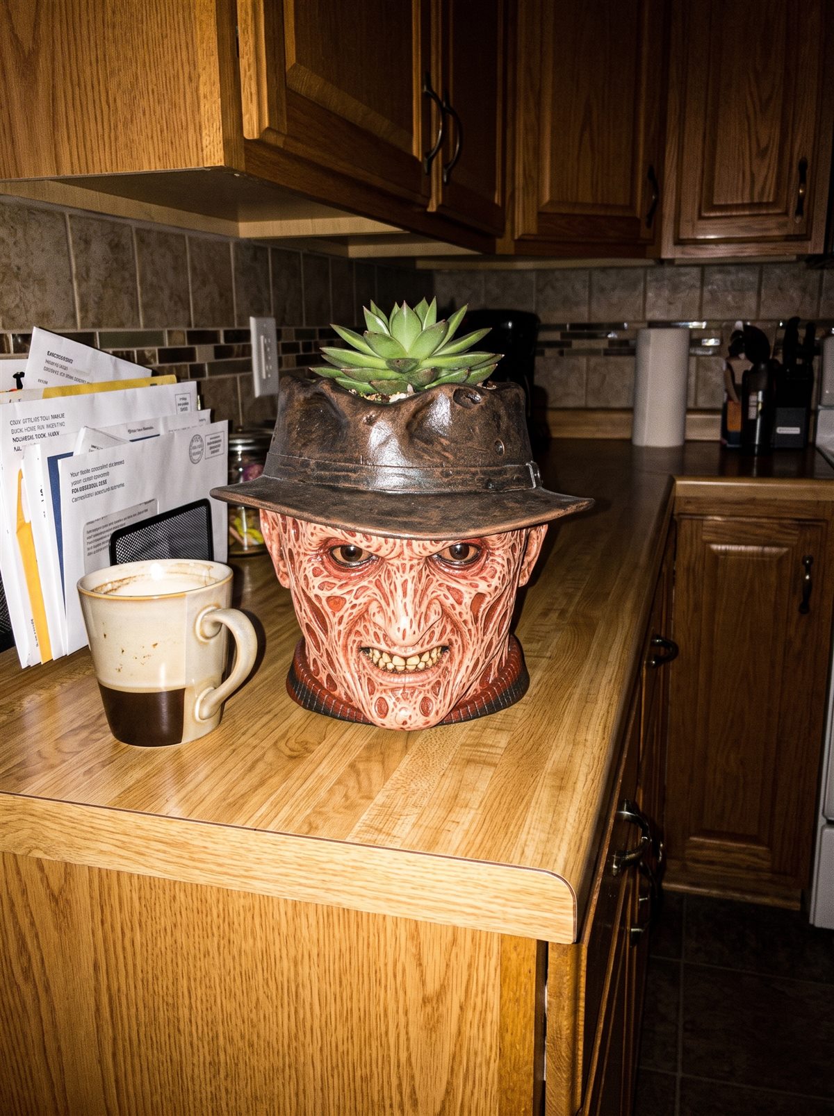Customer photo of Freddy Krueger planter on a kitchen counter