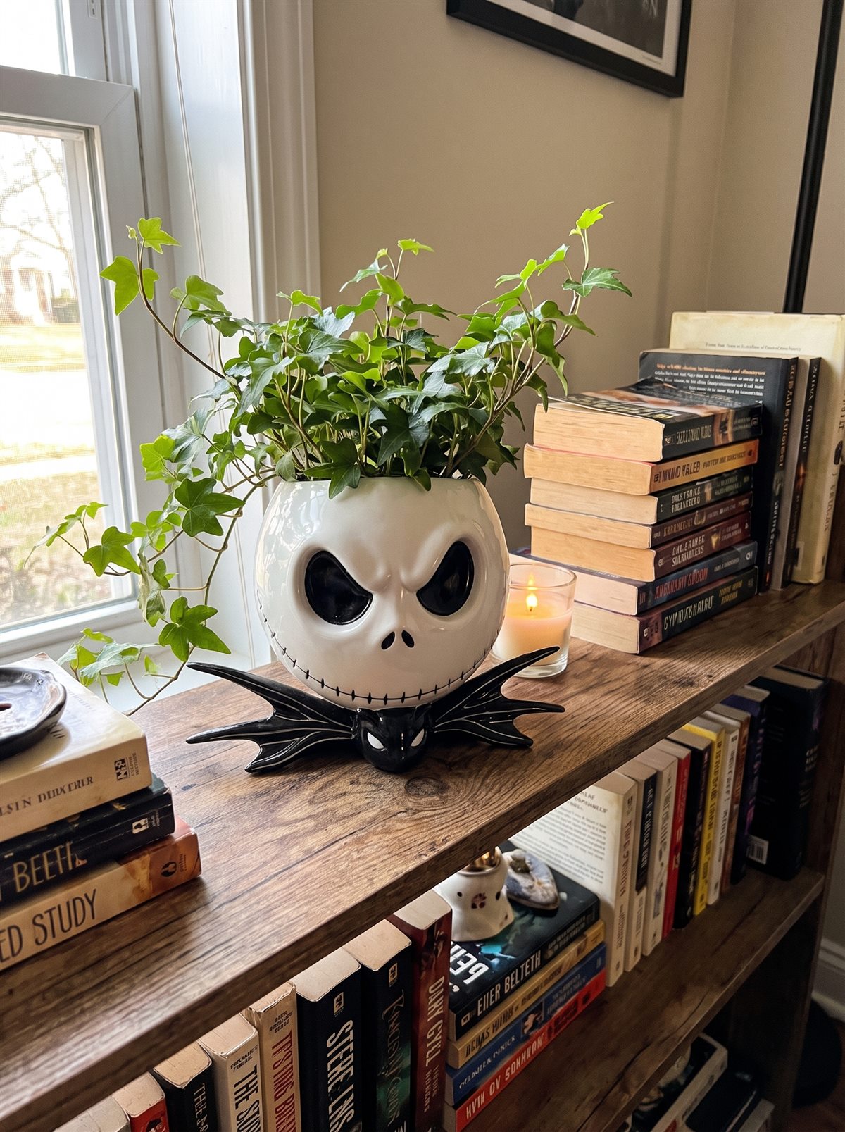 Customer photo of Jack Skellington planter on a bookshelf