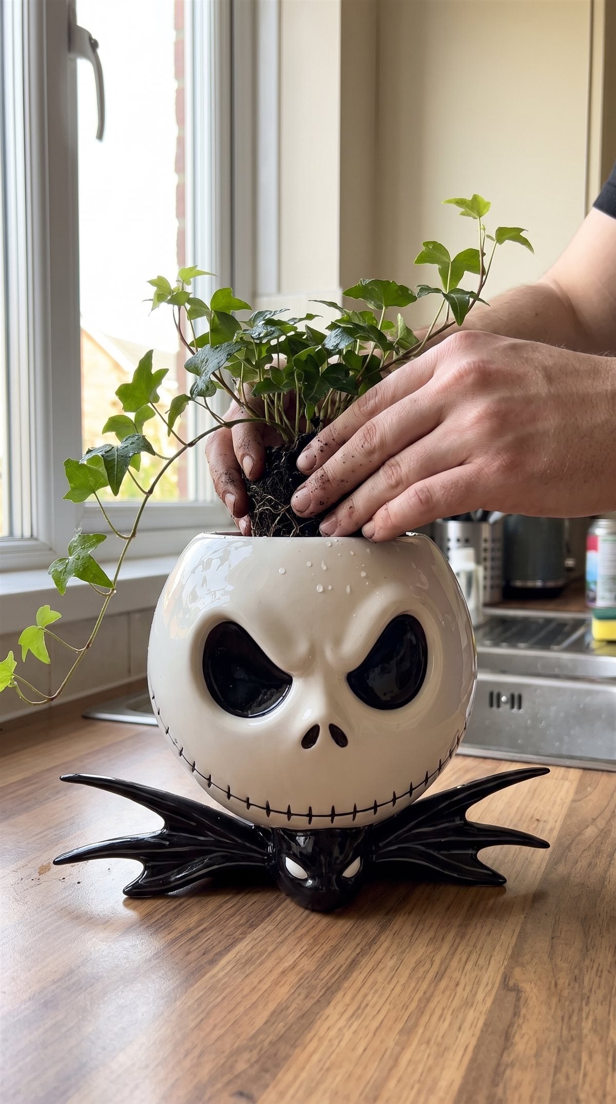 Hands planting ivy into the Jack Skellington planter