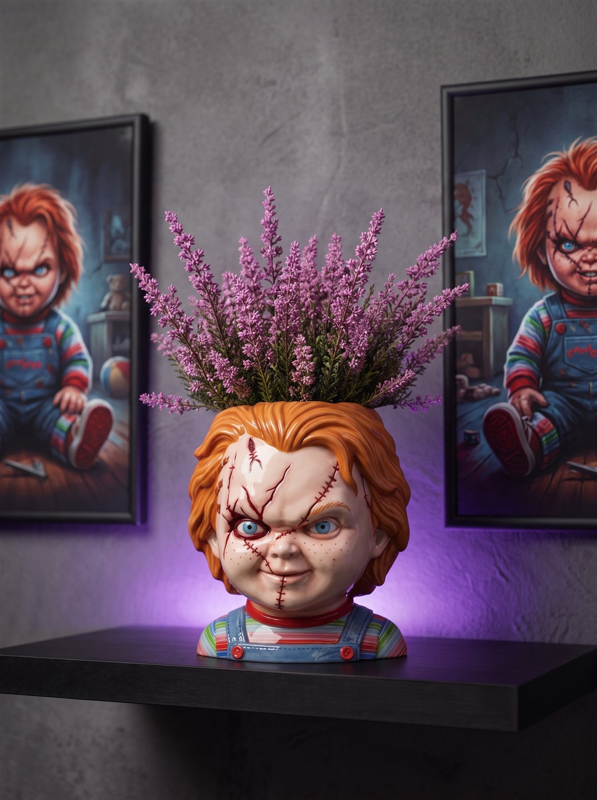 Chucky planter, gray wall, themed posters