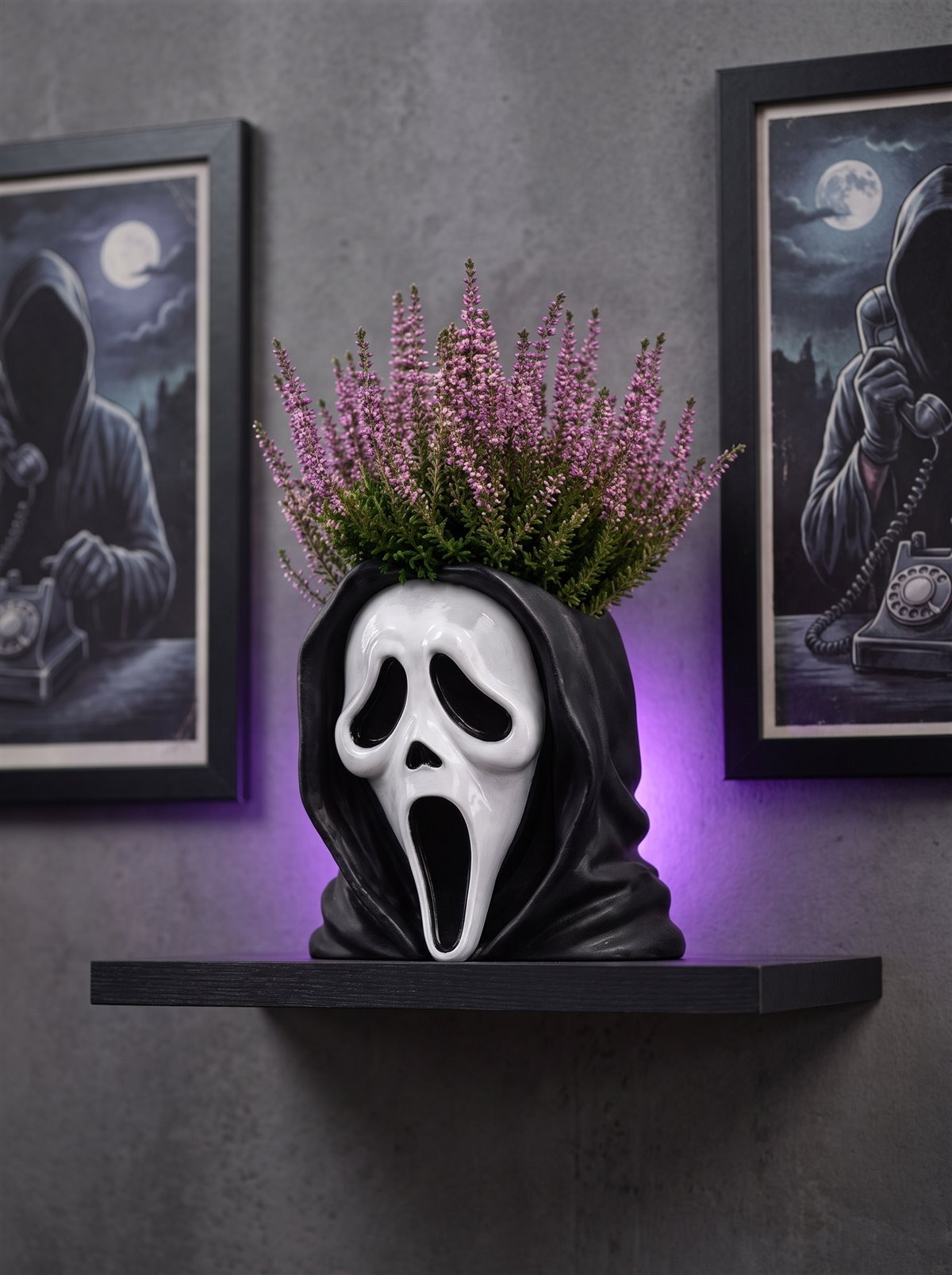 Ghostface planter, gray wall, themed posters