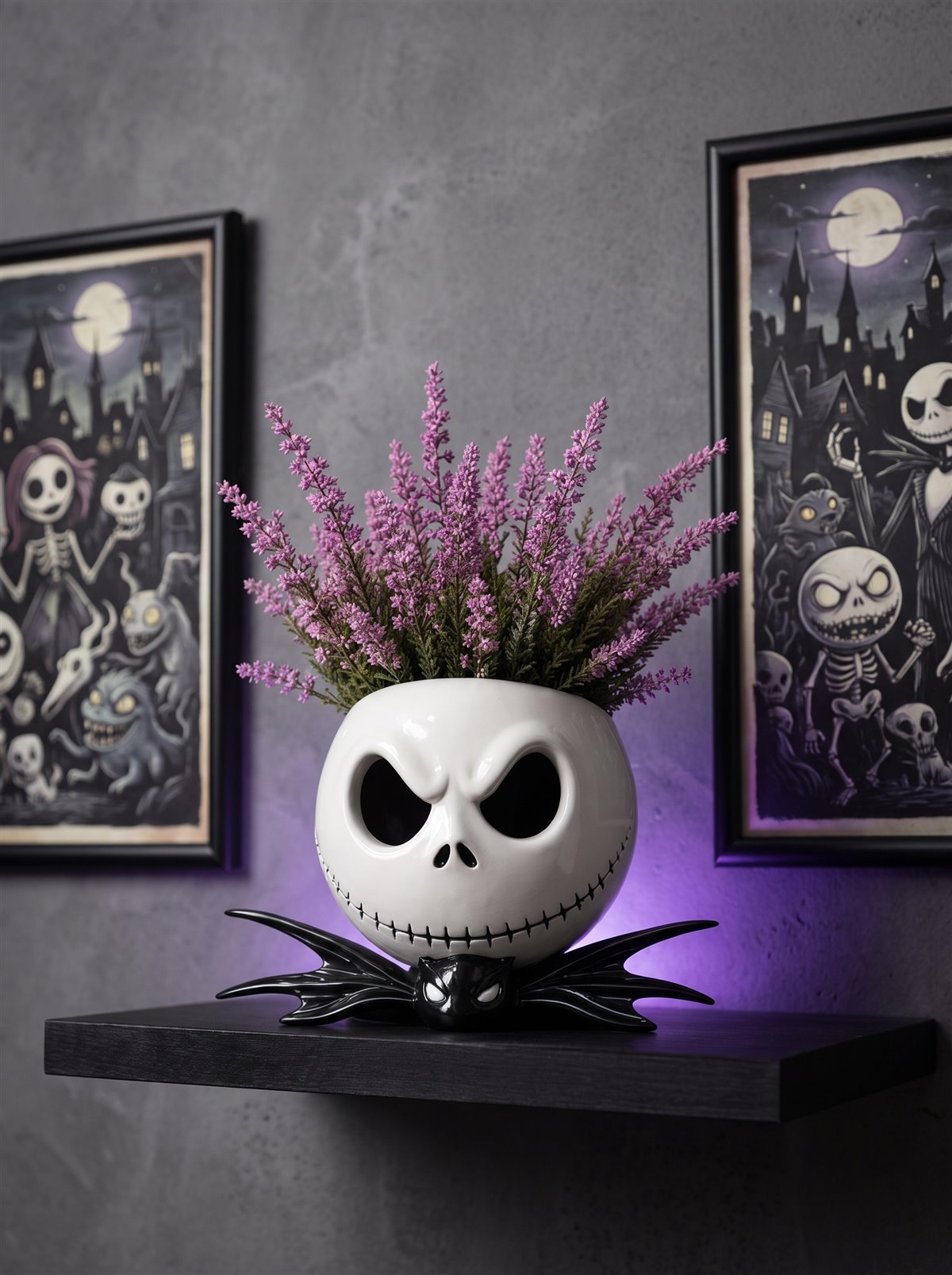 Jack Skellington planter, gray wall, themed posters