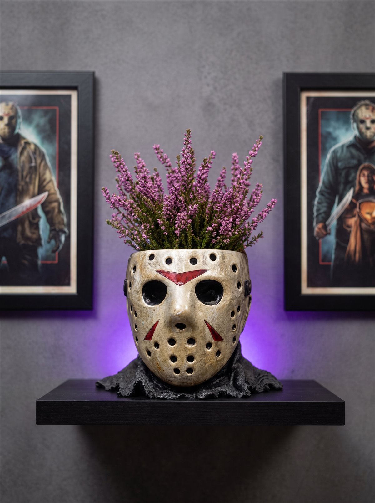 Jason hockey mask planter, gray wall, themed posters