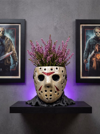 Jason hockey mask planter, gray wall, themed posters