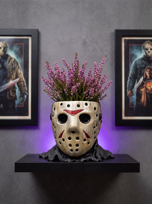 Jason hockey mask planter, gray wall, themed posters
